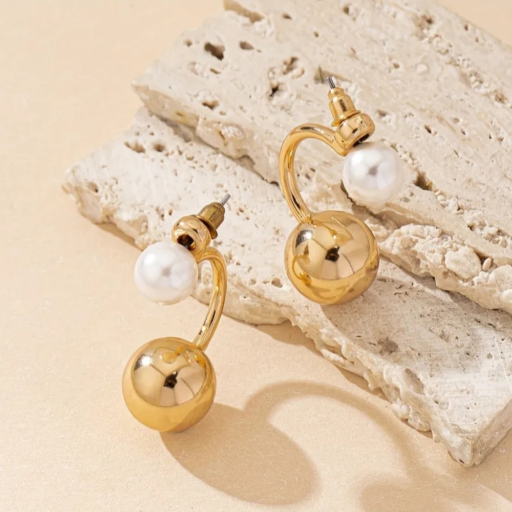 Gold and Pearl Drop Earrings - Picture 2 of 2